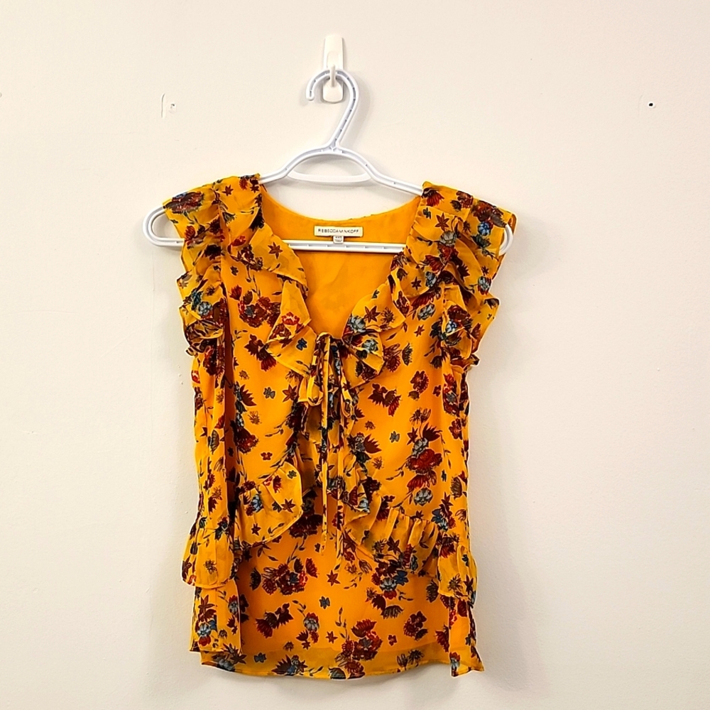 Rebecca Minkoff XXS ruffled short sleeve tie front yellow floral print blouse